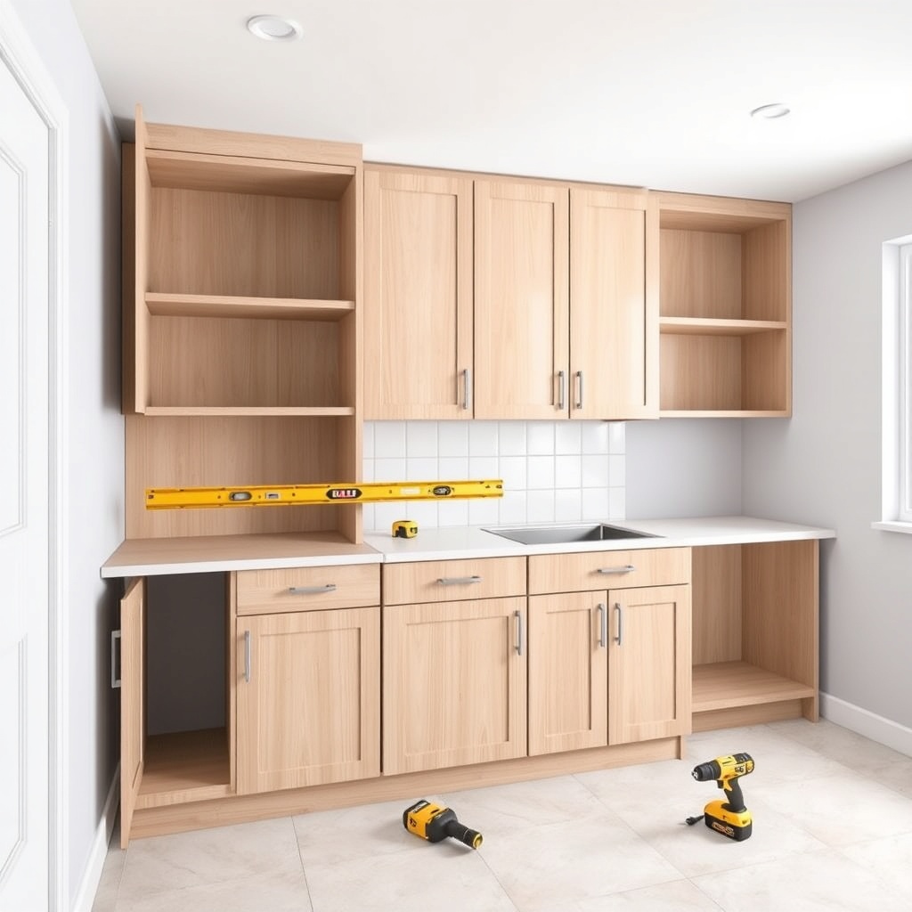 A photorealistic shot of a kitchen interior with Modalife Infinity cabinets partially moun