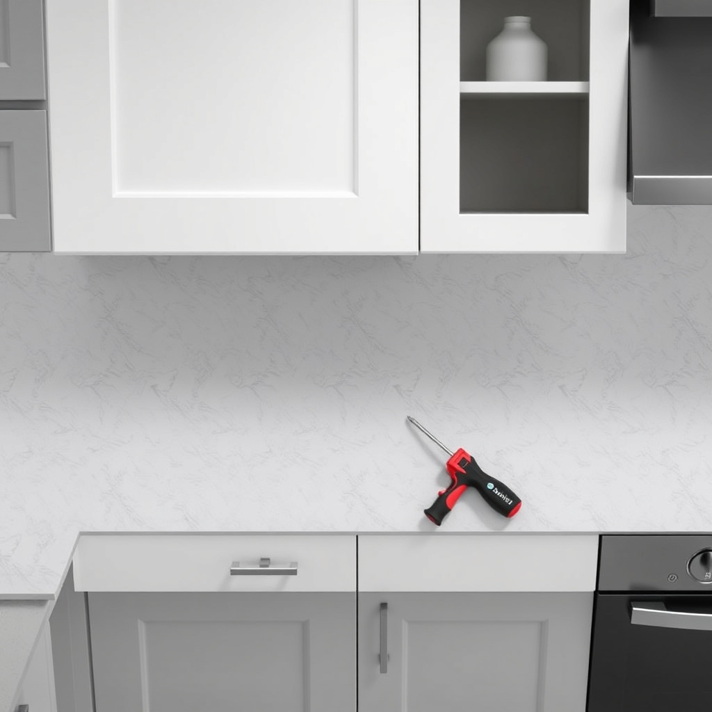 A photorealistic top-down view of a kitchen counter with Modalife Infinity cabinets
