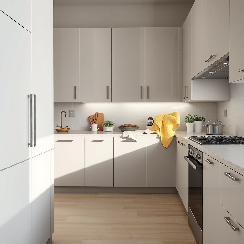 clean photorealistic photo of a modern kitchen with Bürck cabinets being wiped with a soft