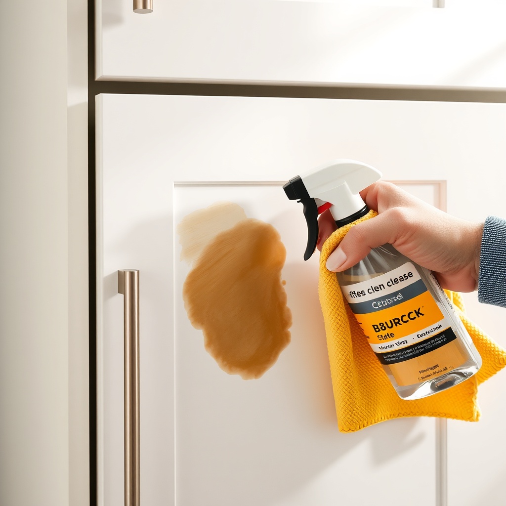 clean photorealistic photo of a Bürck cabinet door being cleaned with a spray and microfib