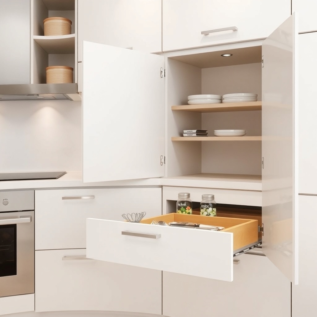 Photo of a kitchen interior with Bürck cabinets open