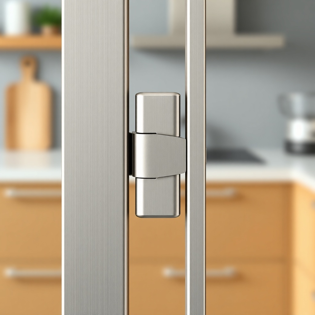 <clean photorealistic photo of a Bürck mutfak dolabı close-up showing the metal hinge mech