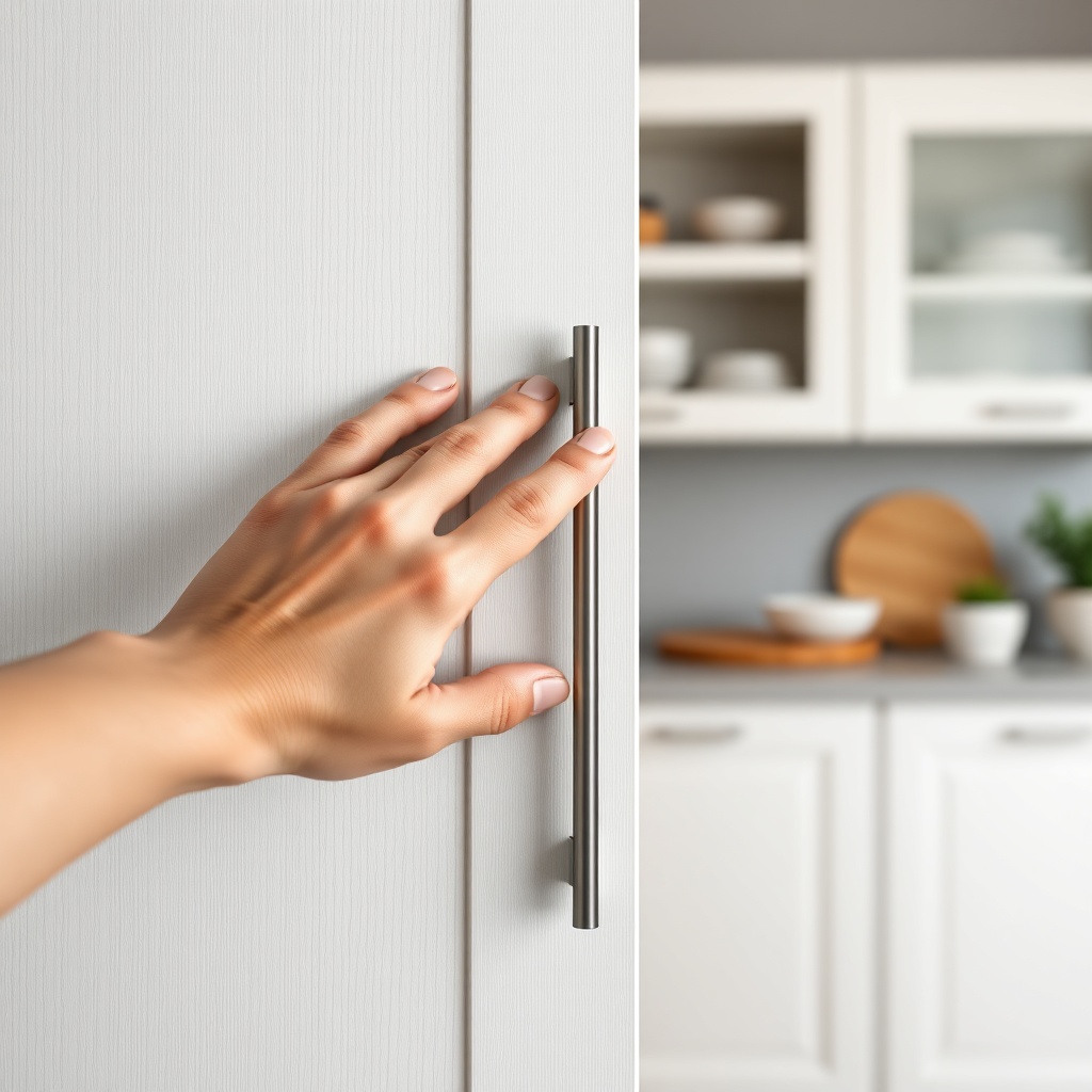 <clean photorealistic photo of a hand gently pressing a Bürck mutfak dolabı door