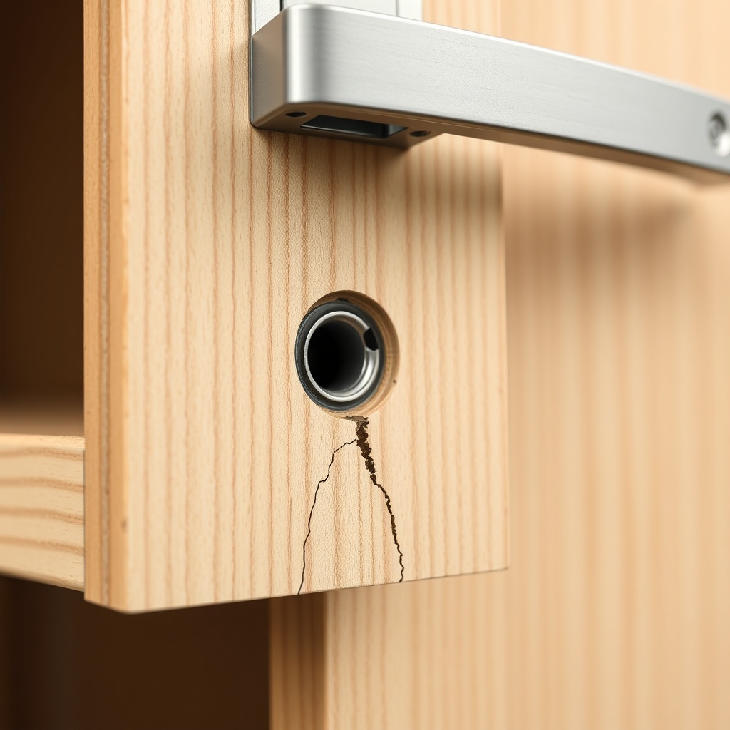 Close-up photorealistic photo of a Bürck cabinet hinge and handle installation