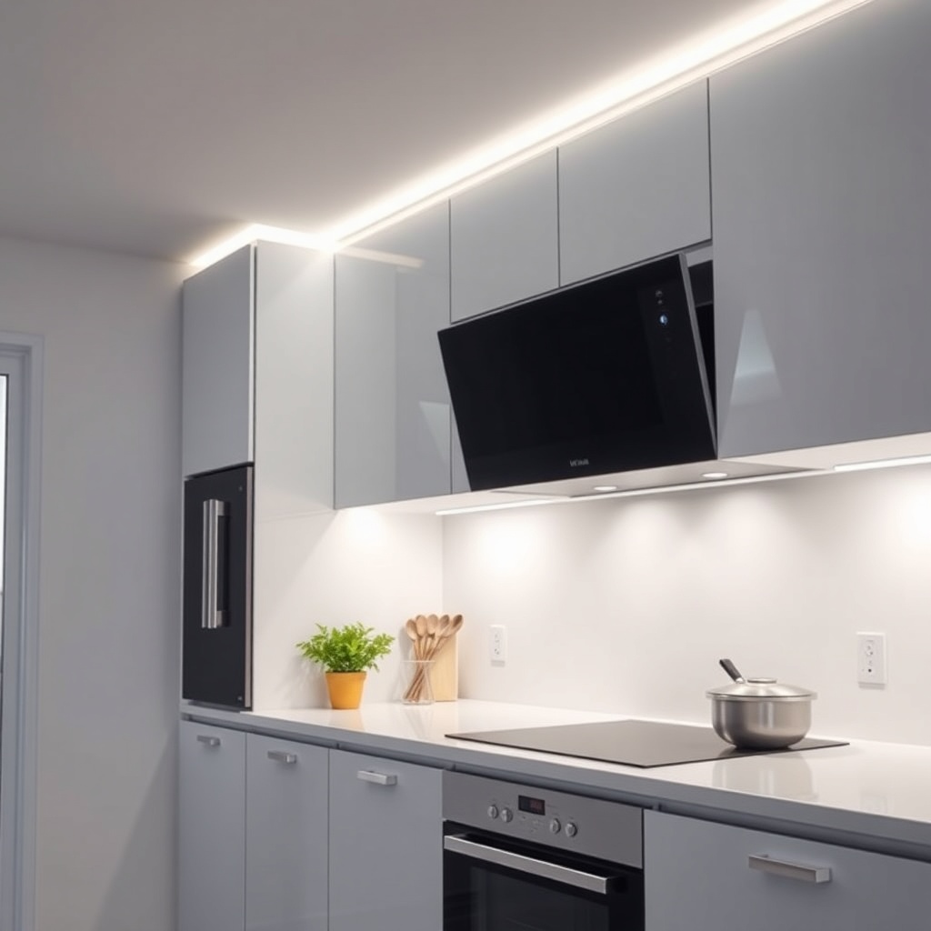 <clean photorealistic photo of Ikea Sektion under-cabinet lighting installation showing LE