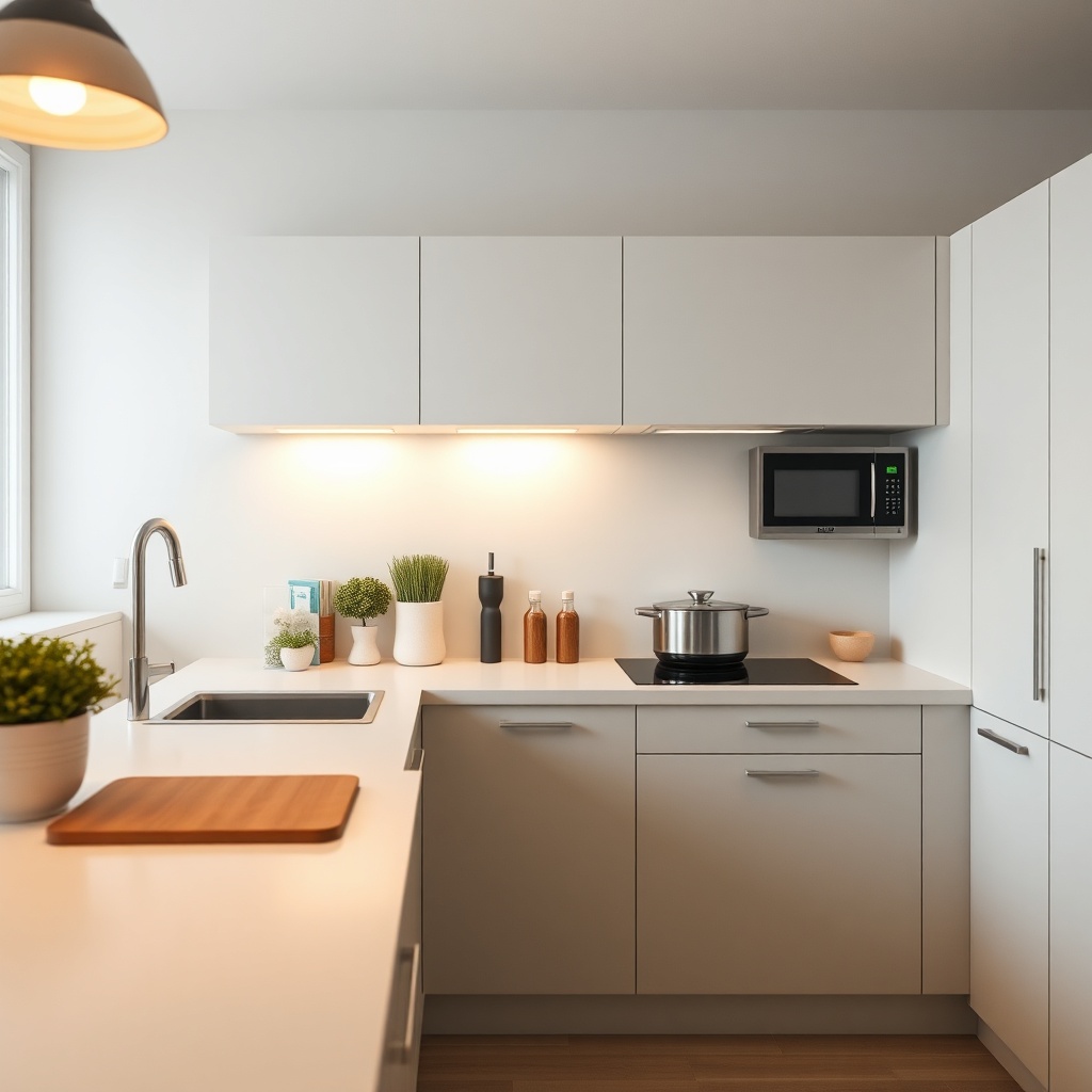 <clean photorealistic photo of an Ikea Sektion kitchen with integrated LED lighting illumi