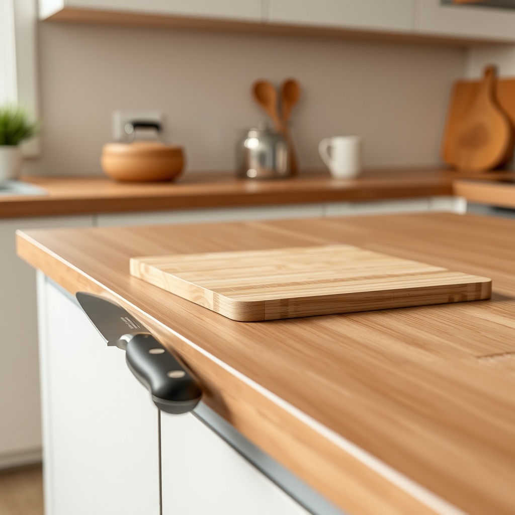 A photorealistic close-up of an Ikea Sektion countertop with a knife and cutting board on