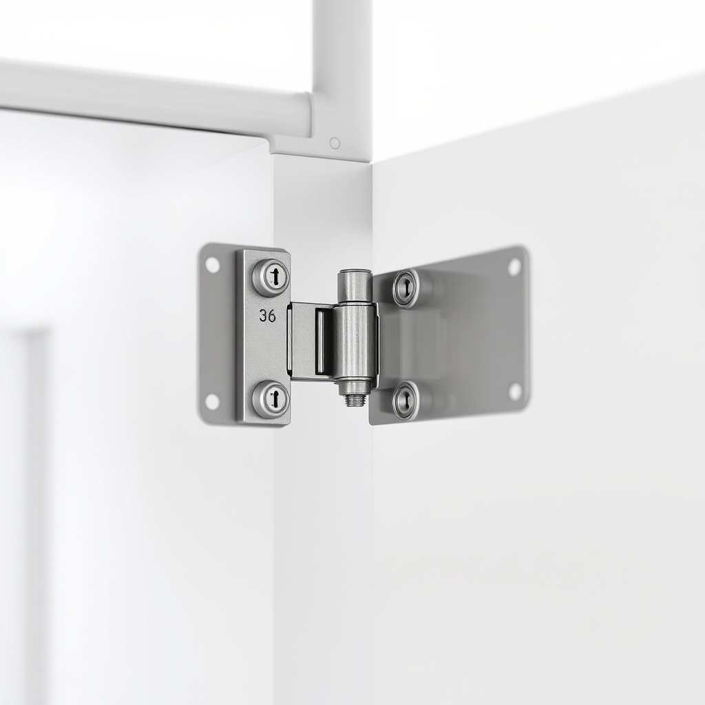 A close-up photorealistic photo of an Ikea Sektion cabinet door hinge being mounted