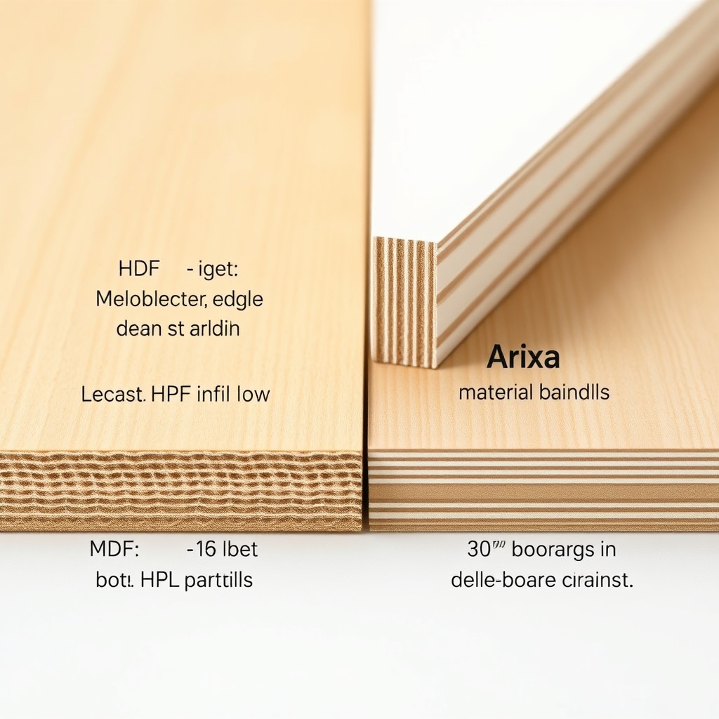 <A photorealistic photo showing a cross-section comparison of Modalife Infinity's MDF boar