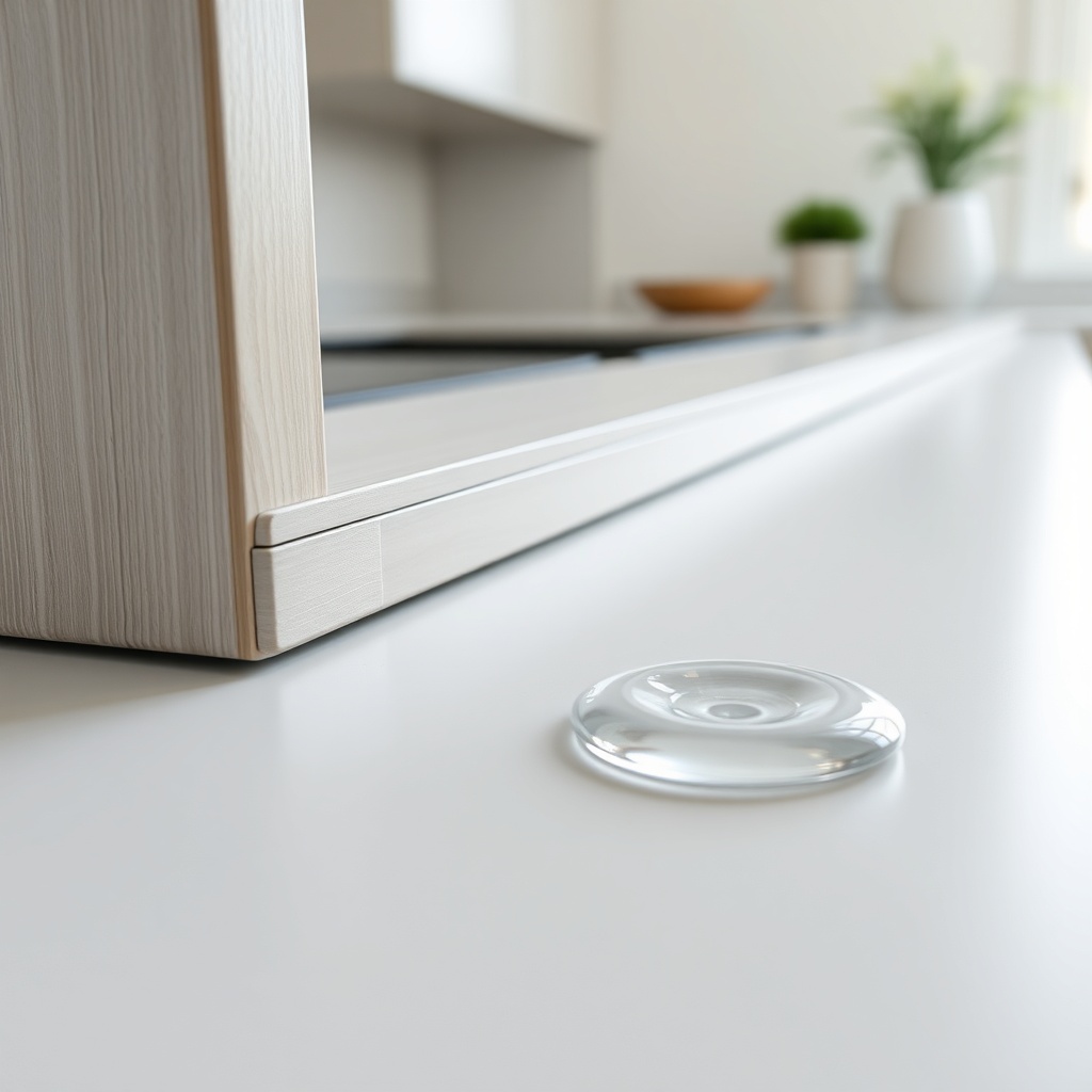 <A photorealistic photo showing a close-up of a Modalife Infinity cabinet’s edge banding (