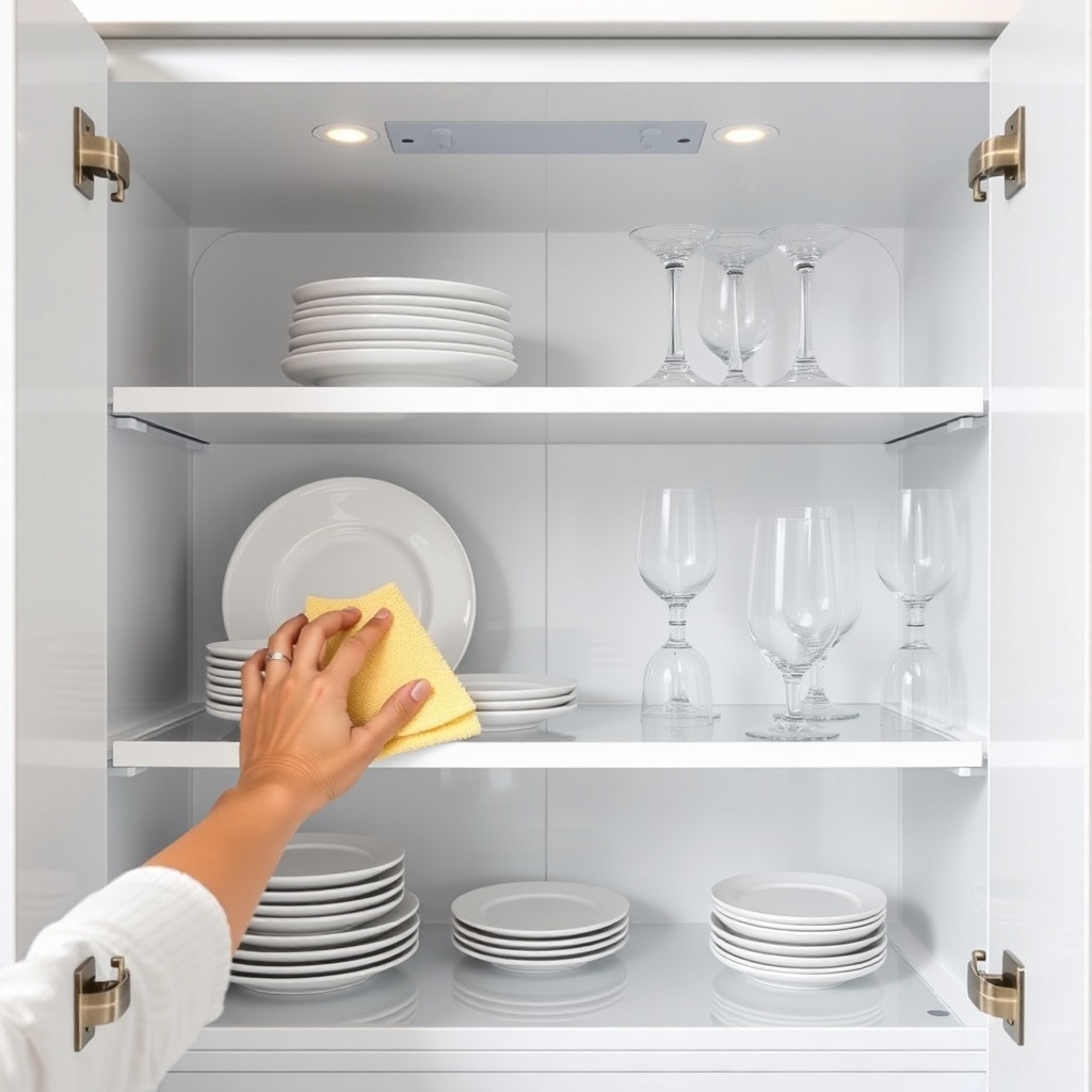 A photorealistic photo showing an open Modalife Infinity cabinet with neatly arranged plat