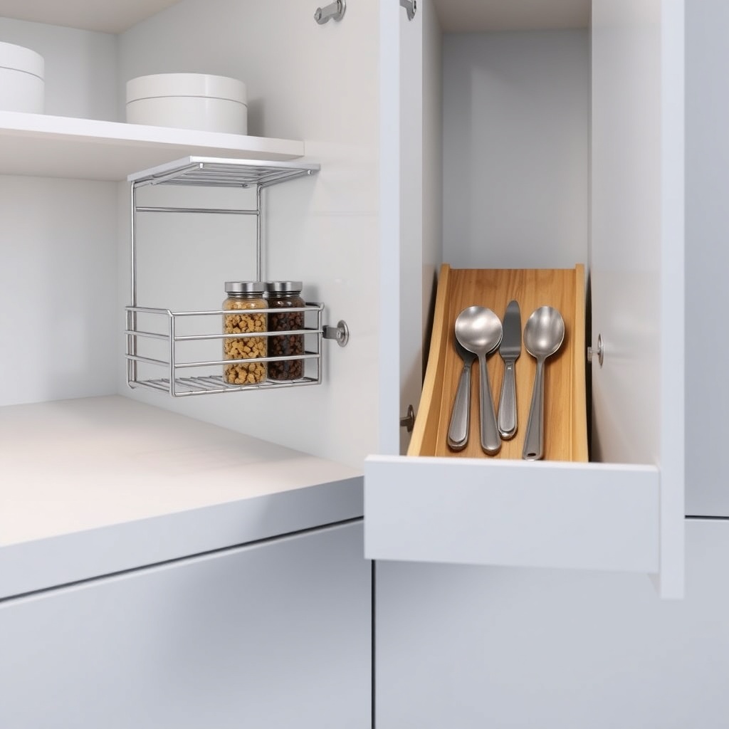 A clean photorealistic photo of a Modalife Infinity kitchen cabinet interior showing a pul