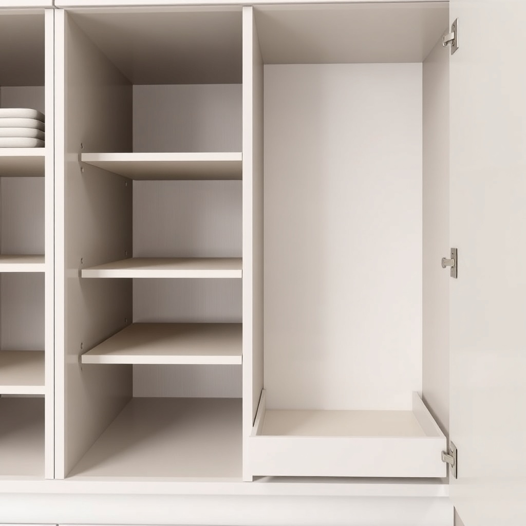 A clean photorealistic photo of a Modalife Infinity cabinet interior showing a pull-out tr