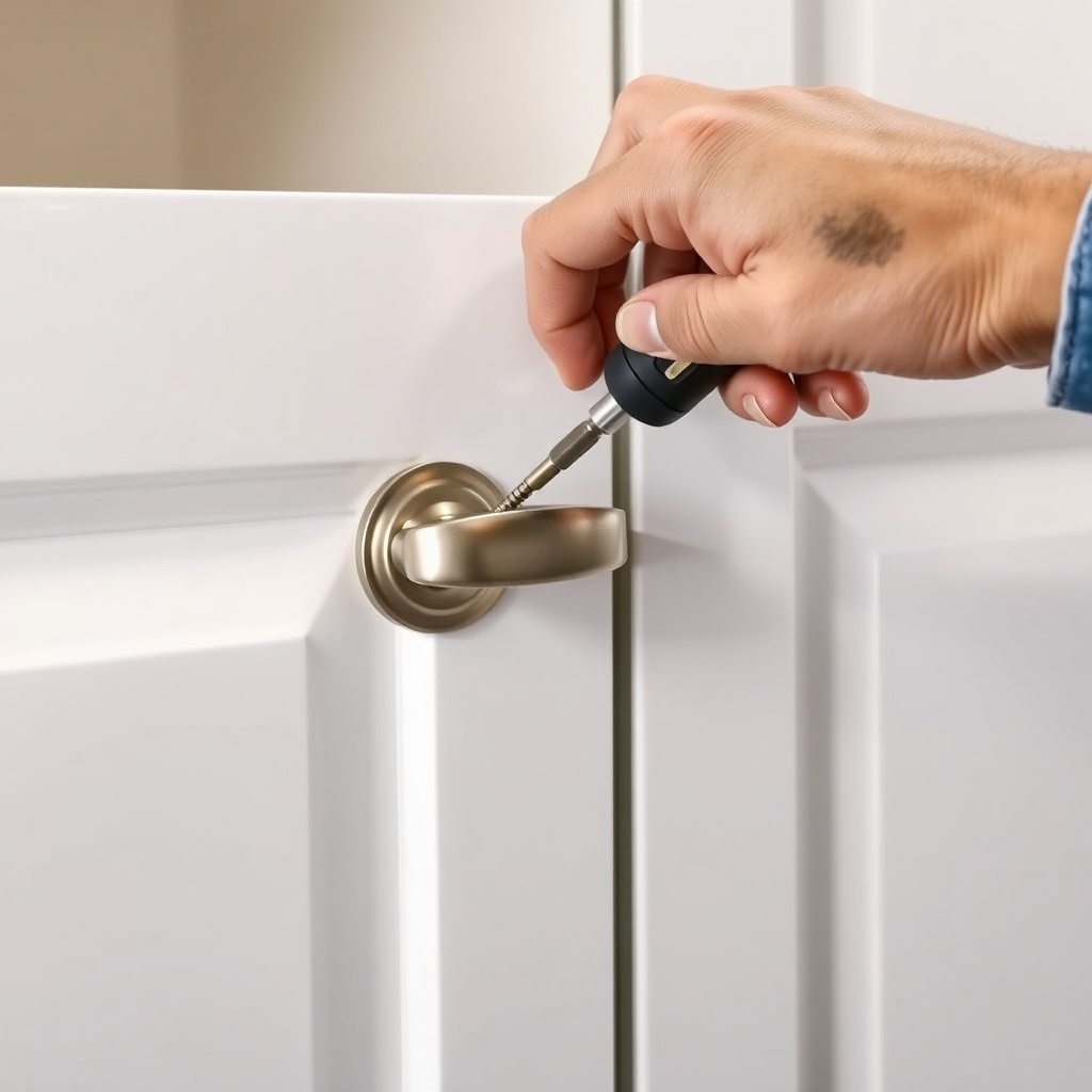 A photorealistic image of a professional hands installing a cabinet handle with a screwdri