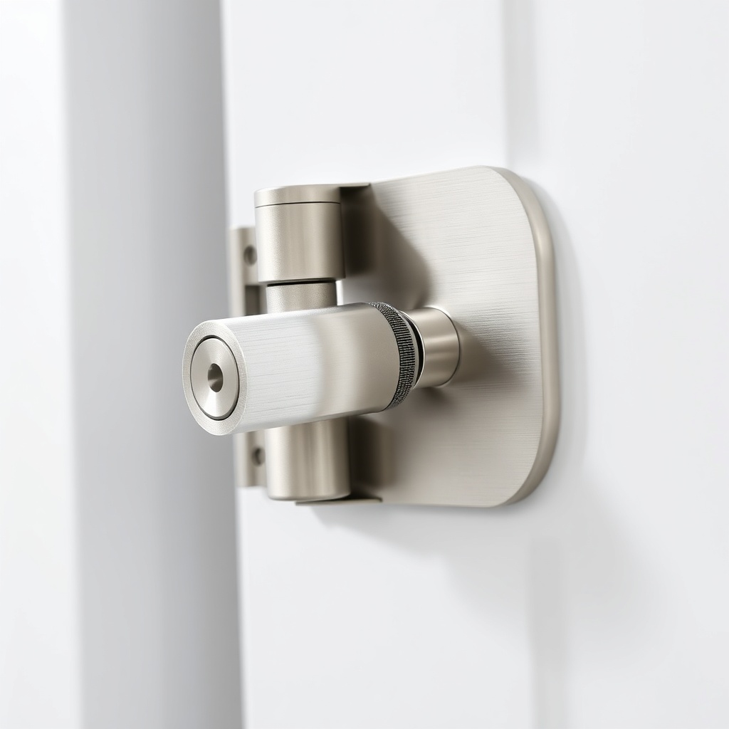 A clean photorealistic close-up photograph of a Modalife Infinity cabinet hinge with a vis