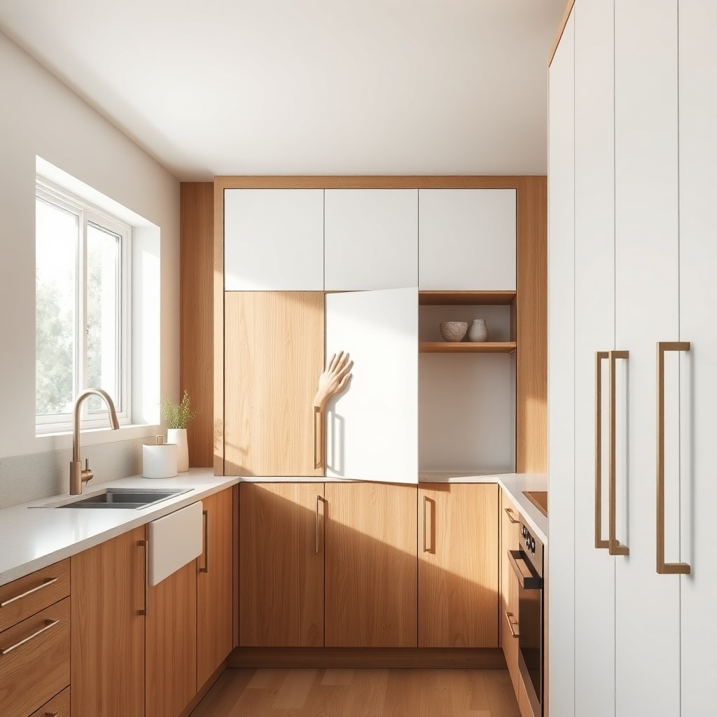 A photorealistic wide-angle editorial photo of a modern kitchen with Modalife Infinity cab